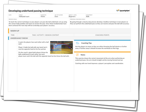 Developing players underhand passing ability Lesson Plan